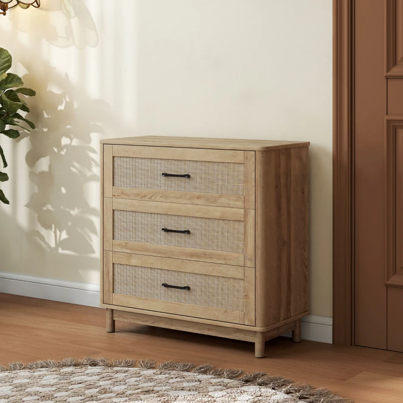 HOMCOM Comodă 3 Sertare din Ratan, Mobilier de Depozitare, Picioare din Lemn Masiv, Stil Boem, 76x35x76cm, Stejar