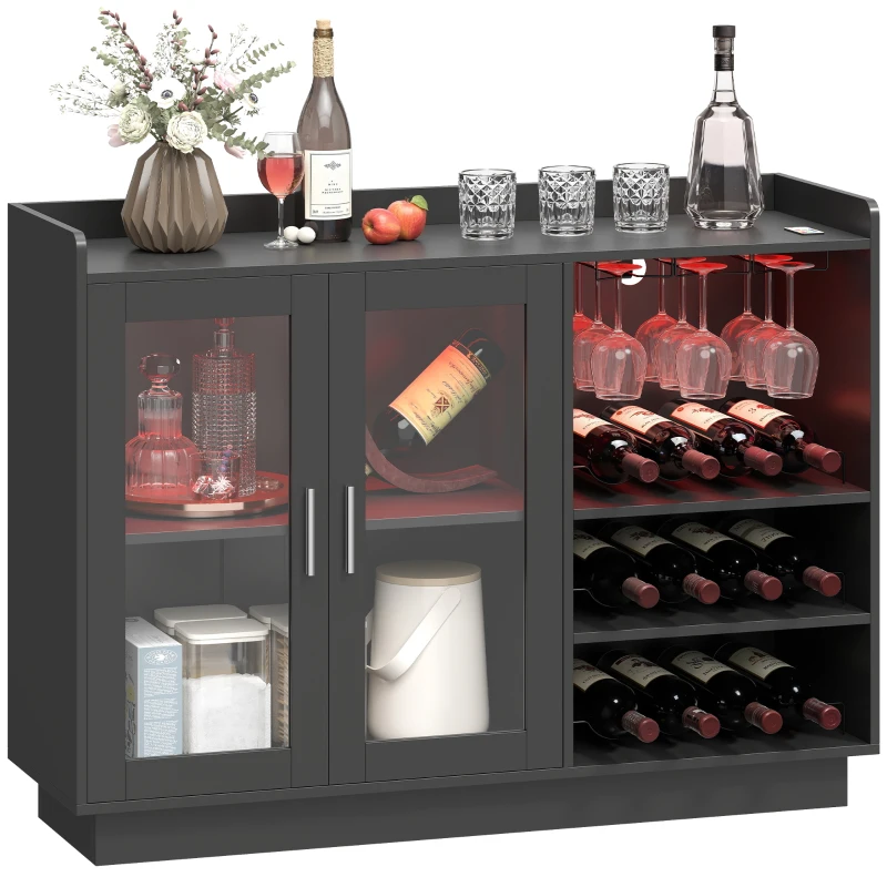 HOMCOM Bar mobil cu suport pentru sticle, lumină LED și raft reglabil, din lemn și sticlă, 120x38x88 cm, negru