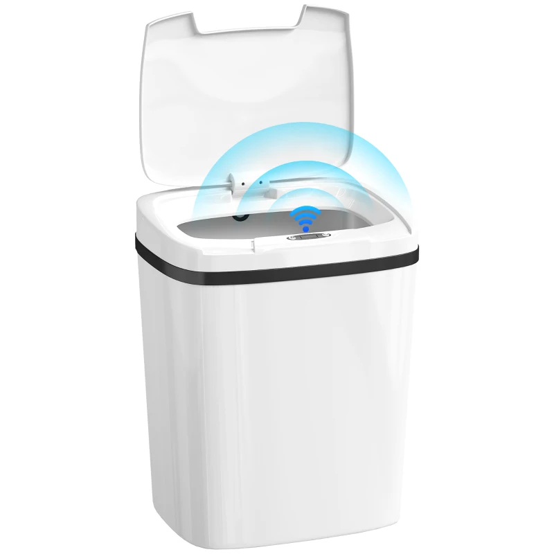 HOMCOM Coș de Gunoi cu Senzor Infraroșu 15L, 2 Moduri de Deschidere, Suprafață Anti-amprentă, Baie, Alb