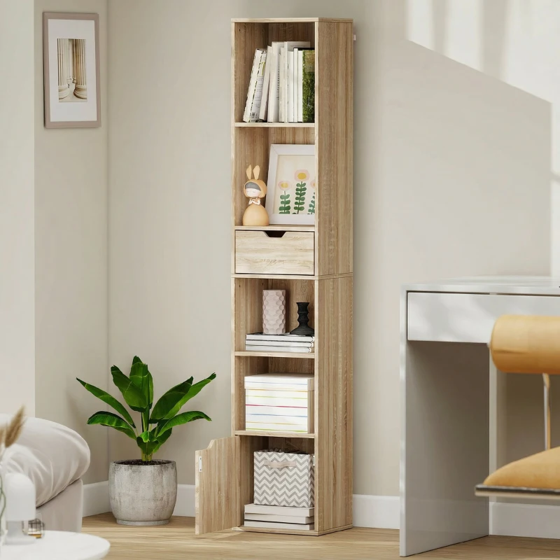 HOMCOM Raft Bibliotecă cu 4 Nivele Deschise, cu Dulap și Sertar, 30x24x158 cm, Lemn Natural