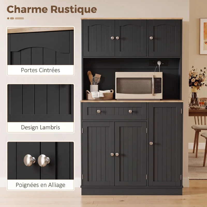 HOMCOM Buffet haut cuisine, armoire de cuisine, station de charge, 6 portes, plan de travail, porte-épices, 100x40x173cm, noir