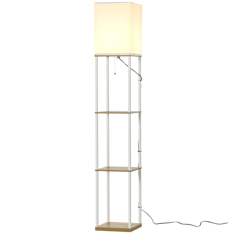 HOMCOM Modern Metal Floor Lamp with Shelves, 3 Layer Shelf Tall Standing Lamp with Fabric Lampshade, Pull Chain Switch for Living Room, Bedroom, Bulb not Included, White