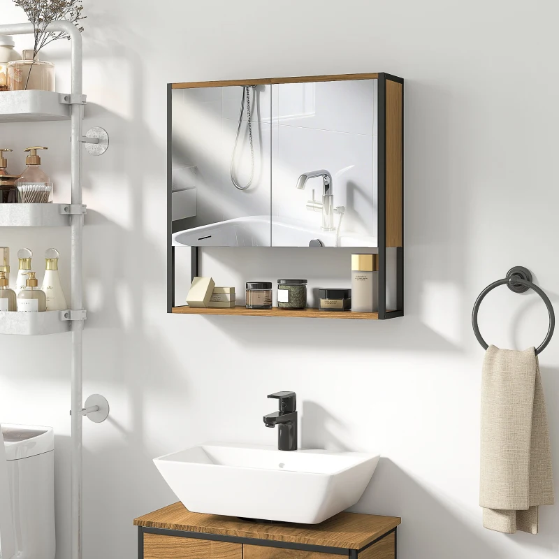 HOMCOM Bathroom Mirror Cabinet with Soft-Close Doors and Adjustable Shelf - Natural Wood Finish