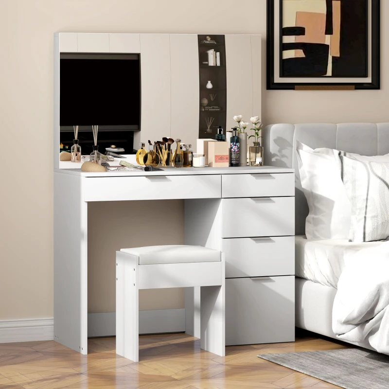 HOMCOM Set Masă de Toaletă cu Oglindă și 5 Sertare 97,2x44,5x136,5 cm și Taburet Căptușit 40x24x46 cm, Alb