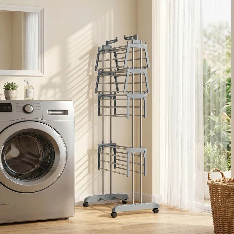 HOMCOM Séchoir à linge pliable 4 niveaux avec roulettes, étendoir linge intérieur avec ailes latérales, cadre en acier, gris