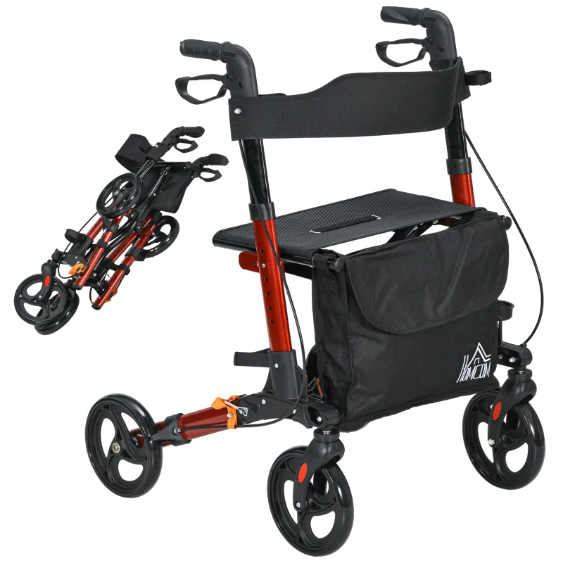 HOMCOM Déambulateur 4 Roues Pliable en Aluminium, Hauteur Réglable 6 Positions, Freins Doubles, Rangement, 64x67x92cm, Rouge