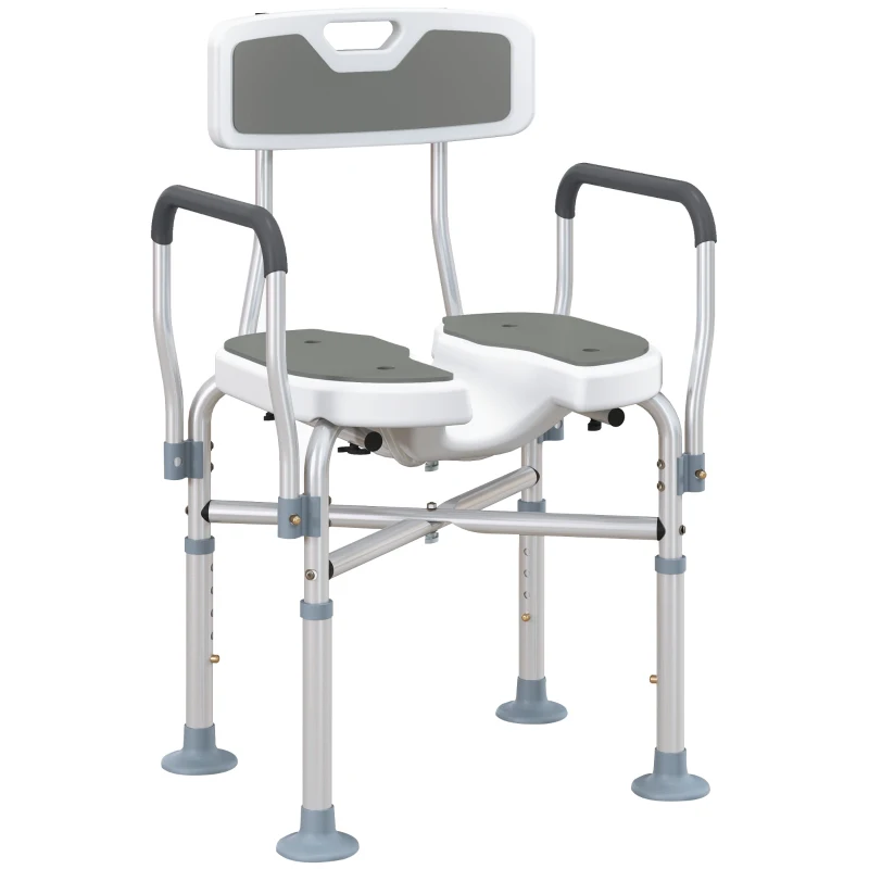 HOMCOM Chaise de douche avec assise fendue, hauteur réglable, antidérapante, dossier et accoudoirs, charge 136 kg, gris
