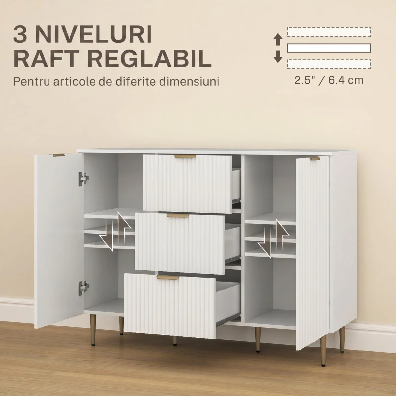 HOMCOM Bufet Modern cu 3 Sertare, 2 Dulapuri și Rafturi Reglabile, Lemn și Metal, Alb