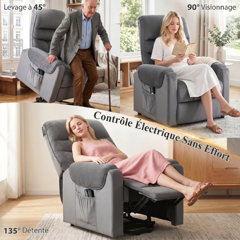 HOMCOM Fauteuil releveur électrique massage vibration et chaleur, fauteuil relax électrique en velours, gris foncé
