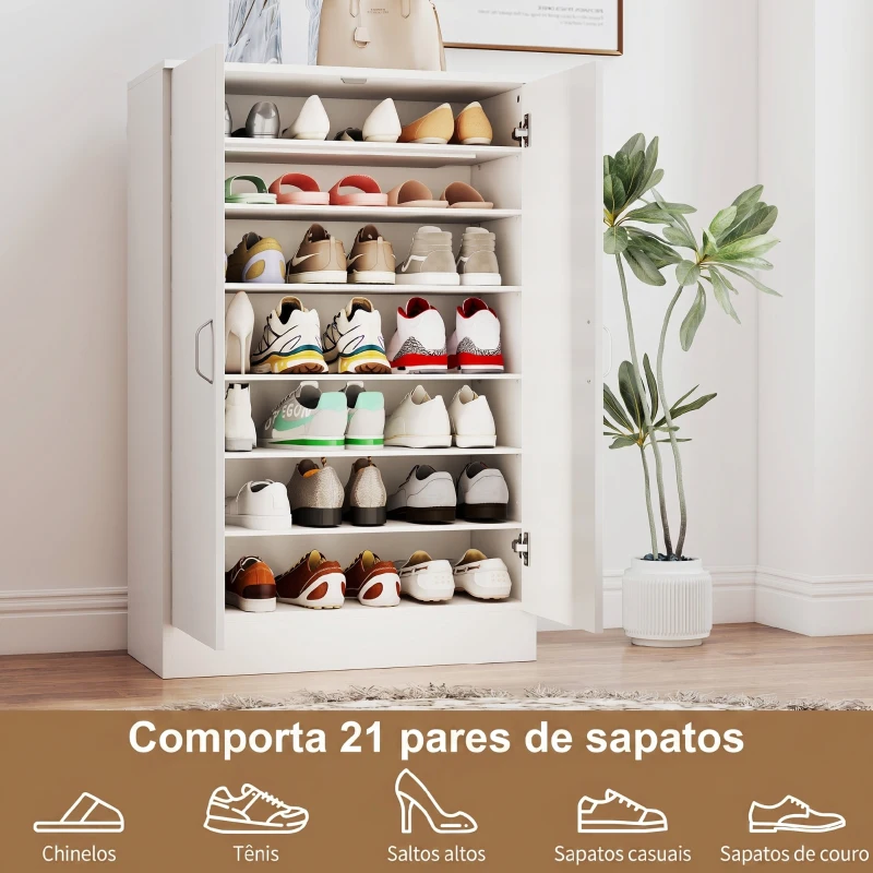 HOMCOM Armário de sapatos com 2 portas, 6 prateleiras ajustáveis, dobradiças com fecho suave para 21 pares, madeira natural