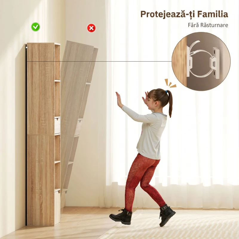 HOMCOM Raft Bibliotecă cu 4 Nivele Deschise, cu Dulap și Sertar, 30x24x158 cm, Lemn Natural