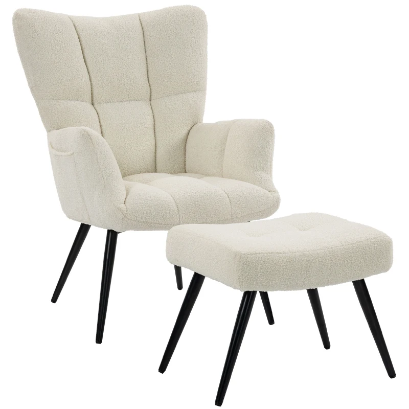 HOMCOM Fauteuil de Salon avec Repose-Pied, Fauteuil d'Appoint Capitonné en Peluche Teddy, Dossier Haut, Poches Latérales, Beige