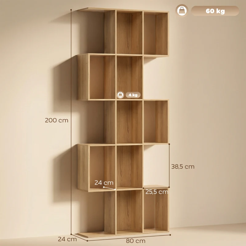 HOMCOM Estante de 5 Níveis Estante de Livros Estreita Estante em Forma de S 80x24x200 cm Carvalho