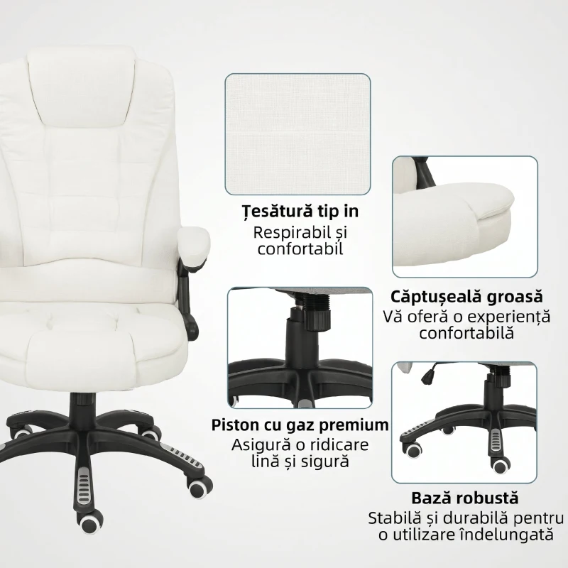 Vinsetto Scaun de Birou Reclinabil cu Masaj, Înălțime Reglabilă, Telecomandă, Textil cu Aspect de In, Crem