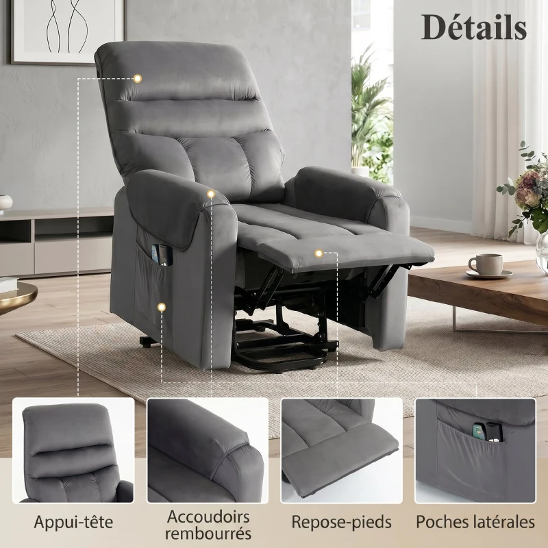 HOMCOM Fauteuil releveur électrique massage vibration et chaleur, fauteuil relax électrique en velours, gris foncé