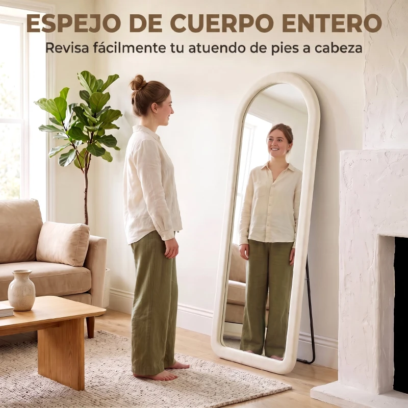 HOMCOM Espejo de Cuerpo Entero 160x60 cm Marco Arqueado Aterciopelado Independiente Apoyado y de Pared Crema