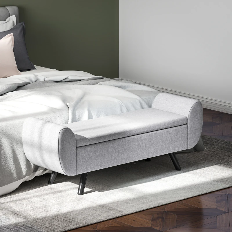 HOMCOM Bancă pentru Depozitare la Capătul Patului cu Brațe, Tapițerie din Material Textil, Picioare din Lemn și Capacitate de 53,8L, 132x42x50 cm, Gri