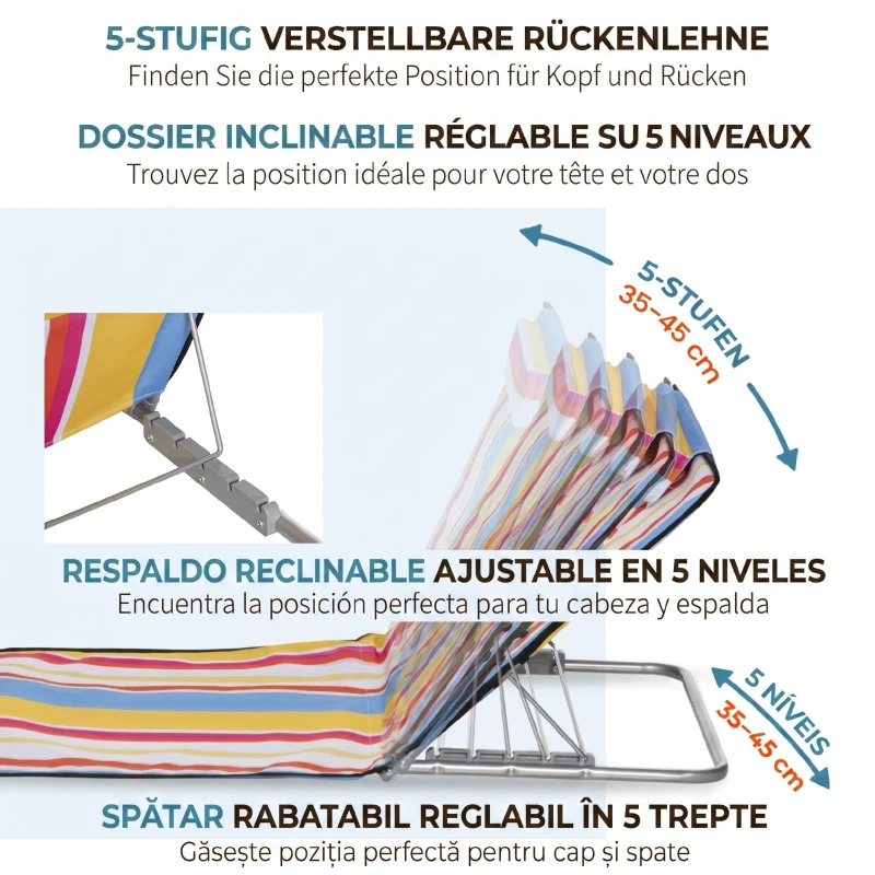 Outsunny Set 2 Șezlonguri de Plajă Rabatabile cu Spătar Reglabil și Tetieră, 53x124x35-45 cm, Multicolor