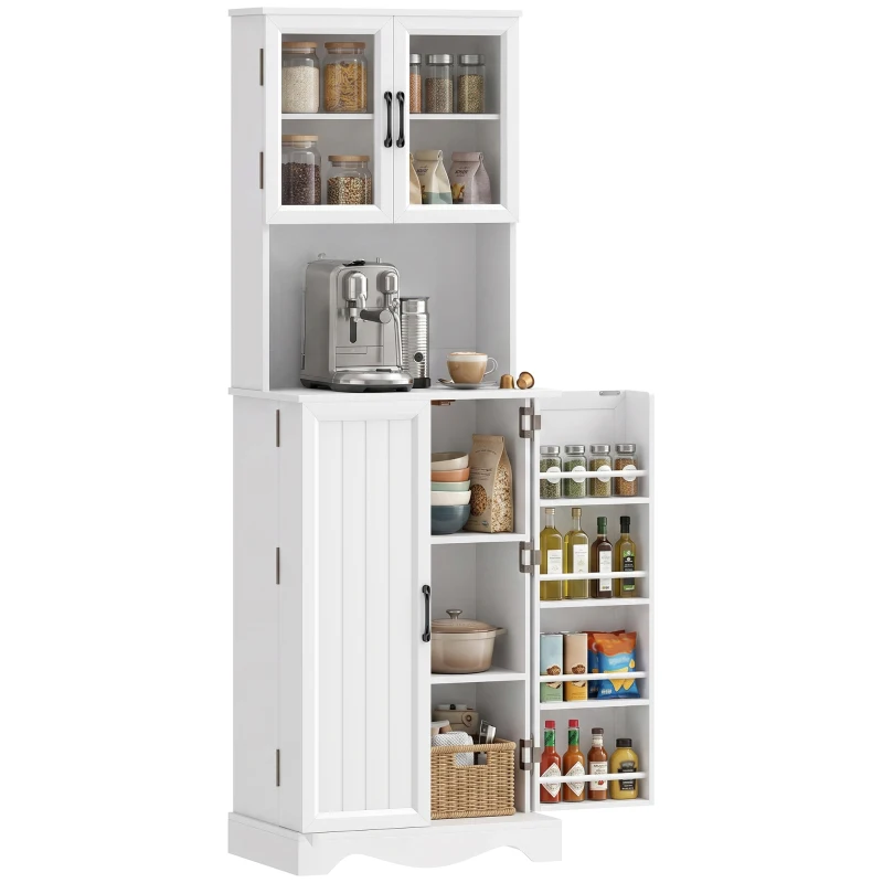 HOMCOM Buffet haut cuisine armoire de cuisine 4 portes 8 porte-épices plan de travail étagère réglable 60x39,5x179,6cm blanc(m-11)