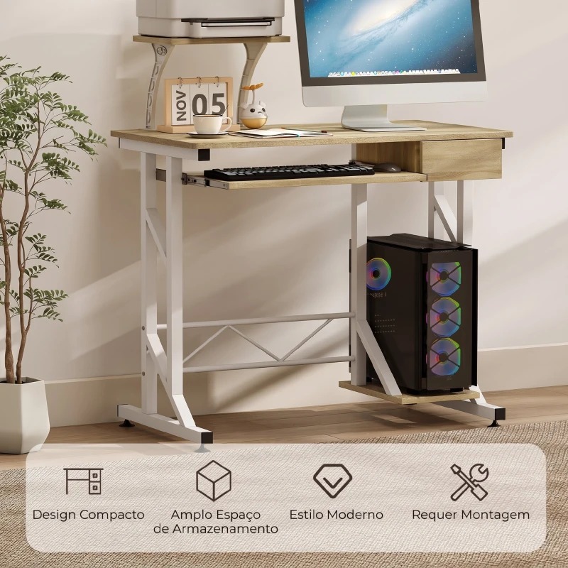 HOMCOM Secretária para Computador com Bandeja para Teclado e Gaveta Mesa de Estudo para Escritório 90x50x100 cm Carvalho