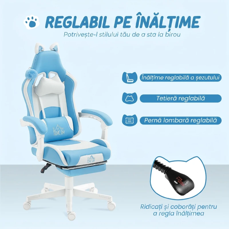 HOMCOM Sedia da Gaming Reclinabile con Poggiapiedi e Cuscini, in Finta Pelle e Spugna, 65x62x116-124 cm, Bianco e Rosa