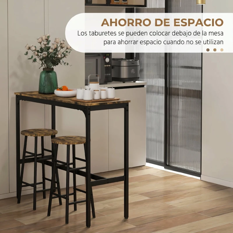 HOMCOM Conjunto Mesa Alta de Cocina con 2 Taburetes Marco de Acero Estilo Industrial Mesa Alta para Comedor Marrón Rústico