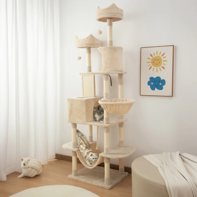 PawHut Ansamblu de Zgâriat pentru Pisici, 206 cm, cu Stâlpi din Sisal, Peșteri și Hamace, Bej
