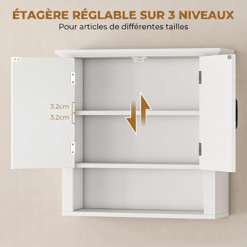 HOMCOM Armoire Haute Murale de Salle de Bain ou WC Placard 2 Portes 2 étagères Niche dim. 60L x 20l x 58H cm MDF Panneaux Particules Blanc