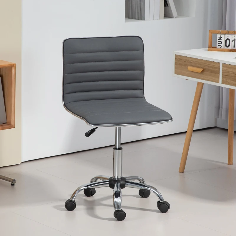 HOMCOM Armless Task Desk Chair, Swivel Office Chair with Faux Leather, Adjustable Seat Height, Chrome Base, Wheels for Home, Dark Grey