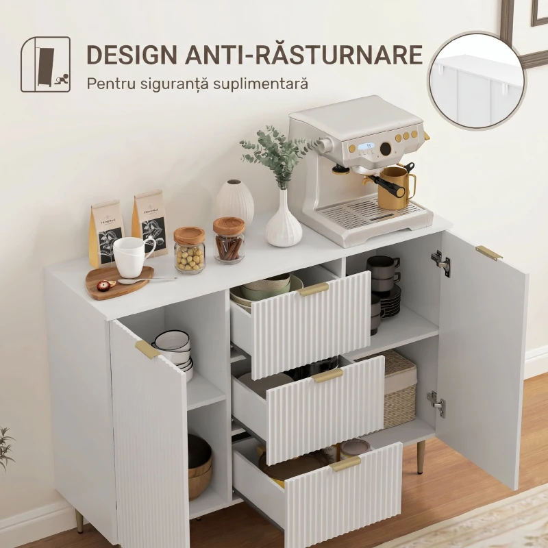 HOMCOM Bufet Modern cu 3 Sertare, 2 Dulapuri și Rafturi Reglabile, Lemn și Metal, Alb