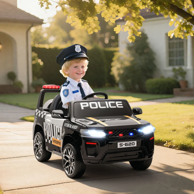 AIYAPLAY Carro Elétrico para Crianças de Polícia 12V com Motor Duplo Suspensão em 4 Rodas Sirene Faróis LED Porta USB Bluetooth e Música Preto