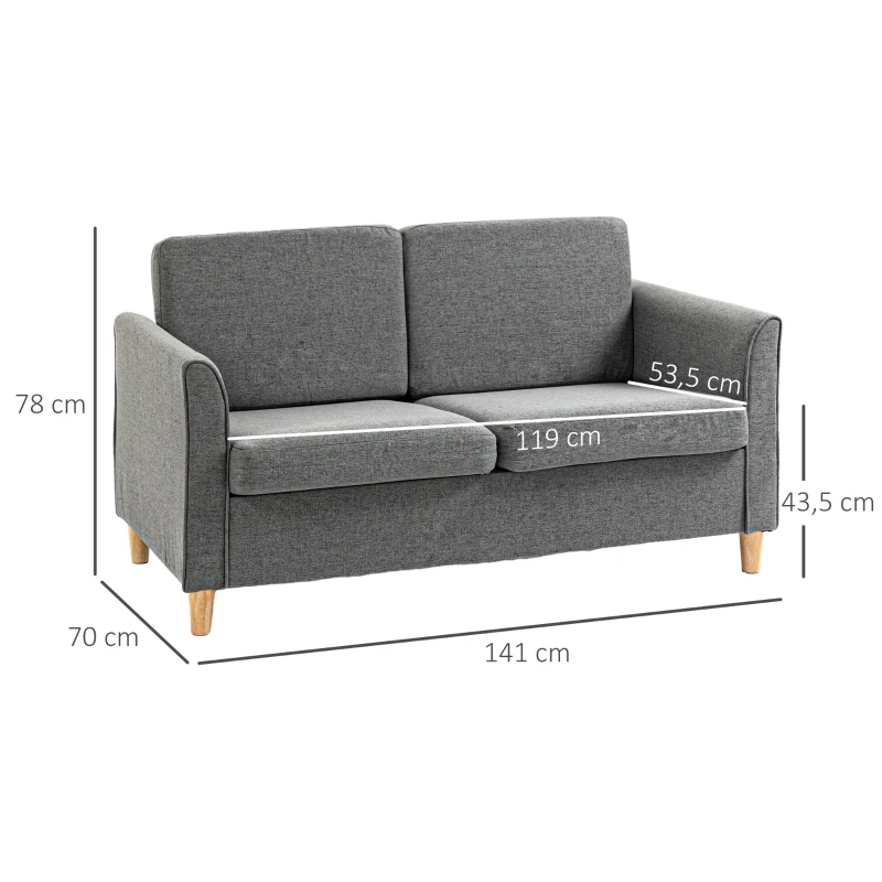 HOMCOM 2 Sitzer Sofa, Couch mit Holzbeine, Leinenoptik, Gepolsterter Polstersofa, Doppelsofa im Modern-Stil für Wohnzimmer, Schlafzimmer, Grau