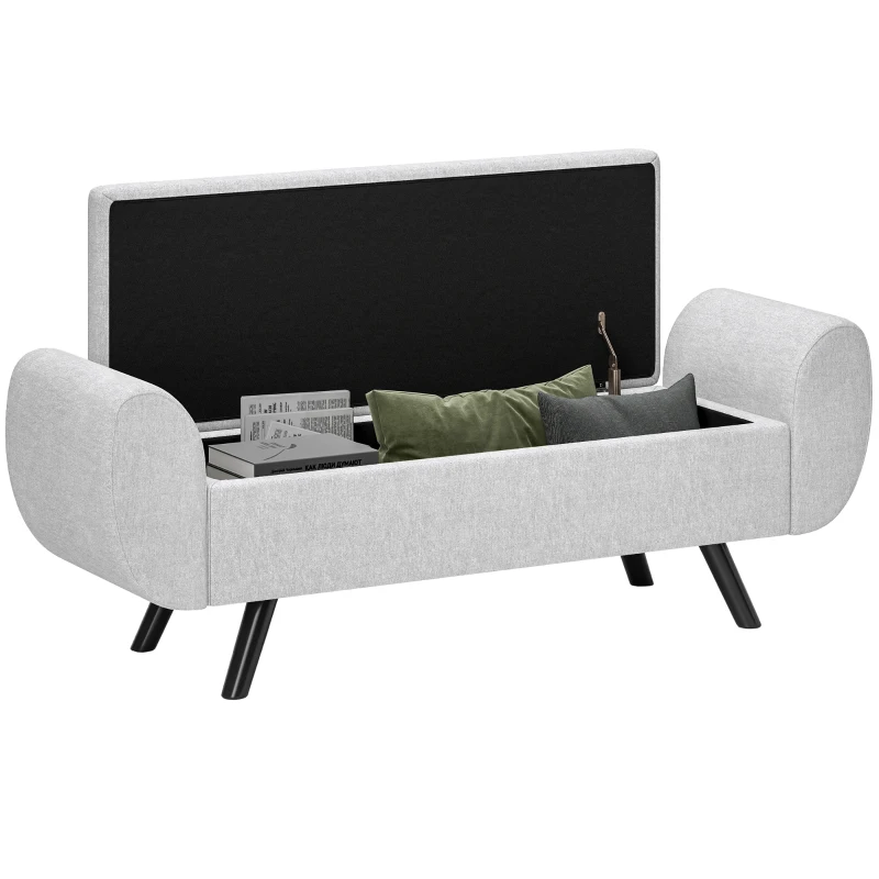 HOMCOM Bancă pentru Depozitare la Capătul Patului cu Brațe, Tapițerie din Material Textil, Picioare din Lemn și Capacitate de 53,8L, 132x42x50 cm, Gri
