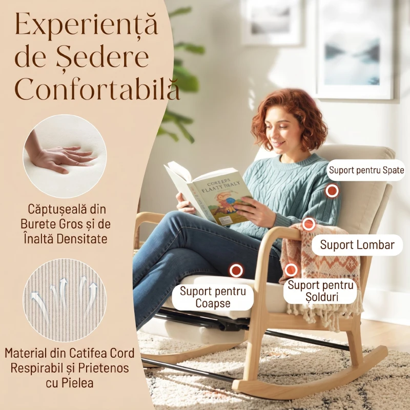 HOMCOM Balansoar din Catifea Fină cu Suport Picioare, Spătar Reclinabil, Stil Scandinav, Crem