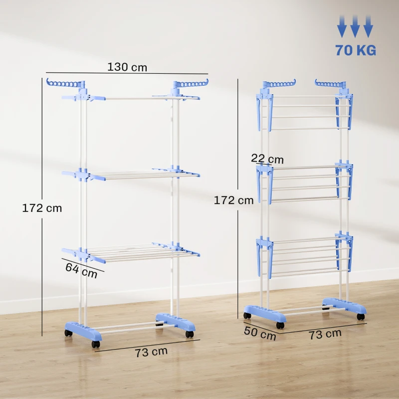 HOMCOM Séchoir étendoir à linge sur roulette pliable ailes latérales intérieure et extérieure 73 x 64 x 177 cm bleu argent