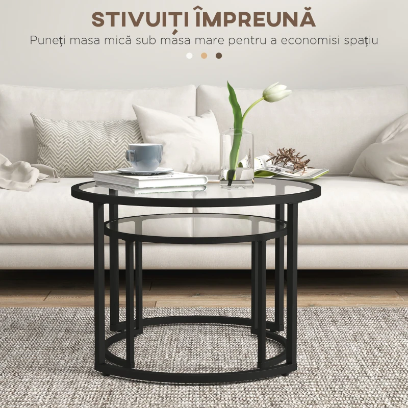 HOMCOM Set 2 mese de cafea suprapuse din sticlă și oțel, Ø70x47,5 cm și Ø54x42,5 cm, negru