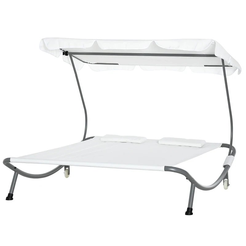 Outsunny Sonnenliege rollbar Campingliege mit Kopfkissen, Dach UV-beständig und wasserabweisend Gartenliege Liegestuhl bis 220kg belastbar für Balkon, Garten, Cremeweiß
