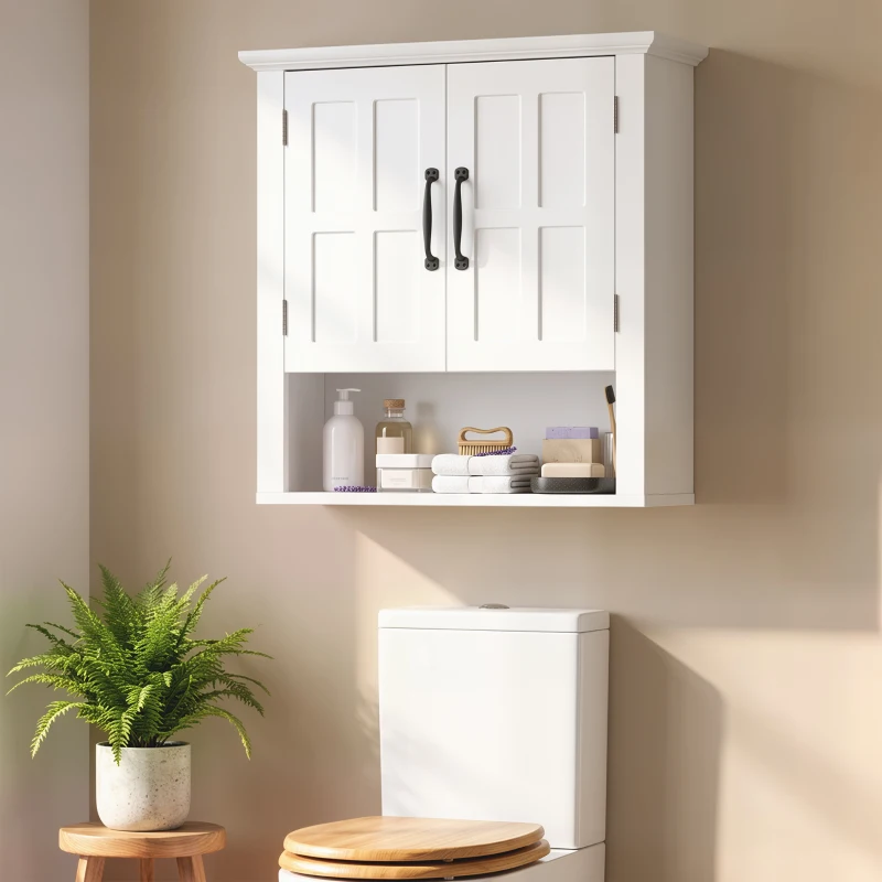 HOMCOM Armoire Haute Murale de Salle de Bain ou WC Placard 2 Portes 2 étagères Niche dim. 60L x 20l x 58H cm MDF Panneaux Particules Blanc