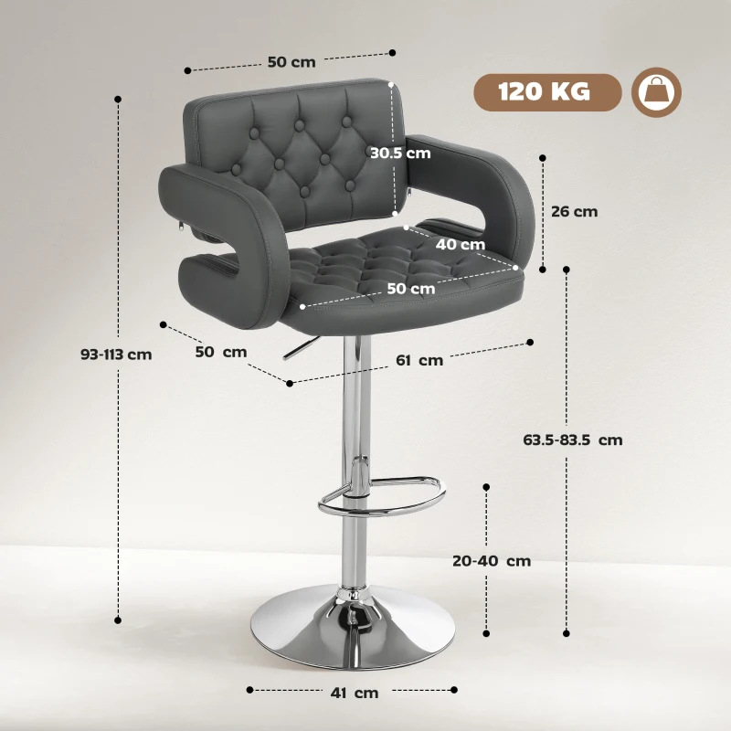 HOMCOM Scaun de Bar Reglabil, Șezut Extra Large Rotativ din Piele Ecologică PU, Gri