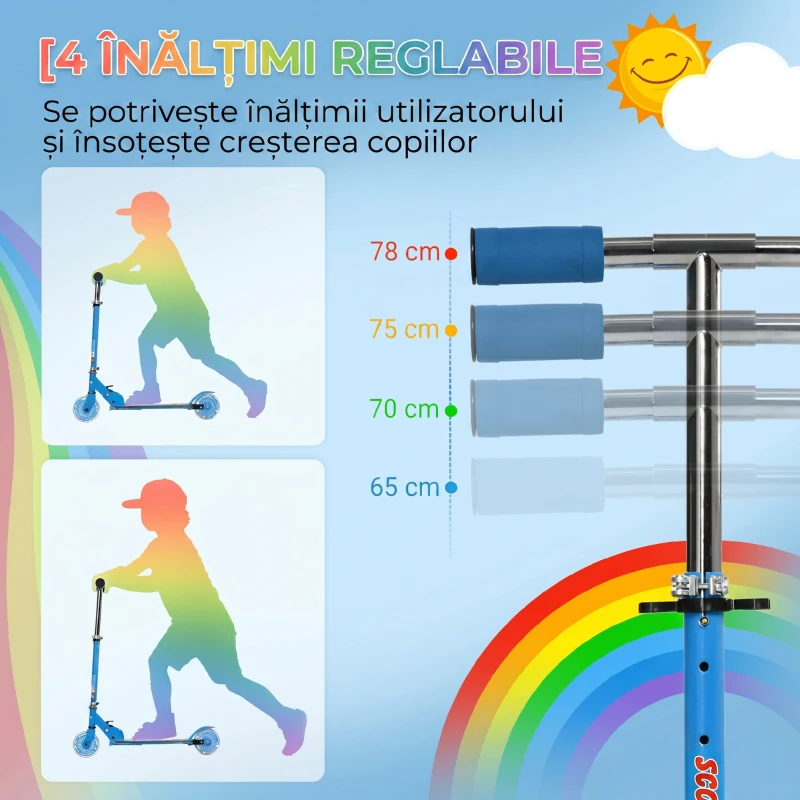 HOMCOM Trotinetă pentru copii 3-7 ani, pliabilă, cu 2 roți, înălțime reglabilă, 67x32x65-78 cm, albastră