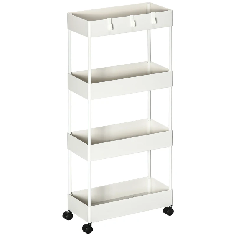 HOMCOM Cărucior Bucătărie Multifuncțional cu 4 Polițe și 3 Cârlige, Oțel și Plastic, 40x19x90 cm, Alb