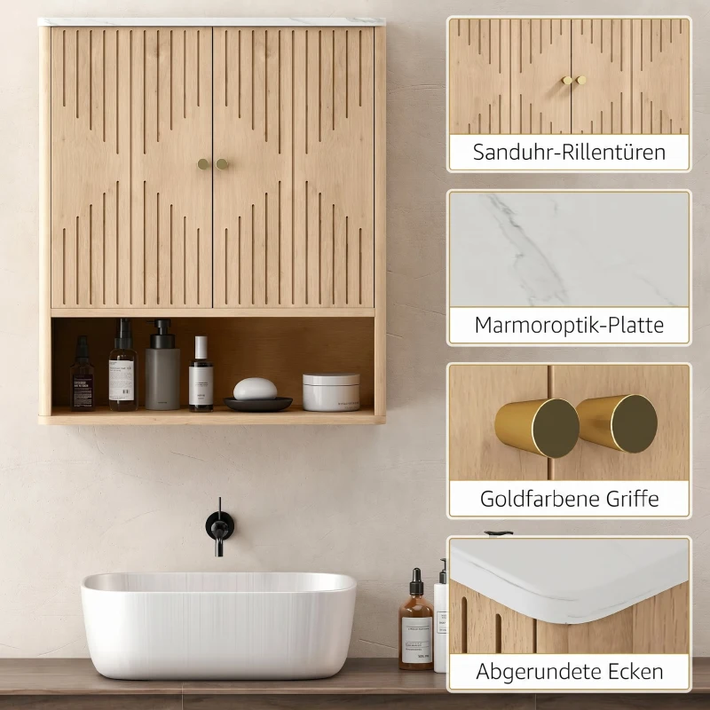 HOMCOM Dulap suspendat pentru baie cu raft deschis și uși decorate, blat cu efect de marmură, 60x18x70 cm, stejar