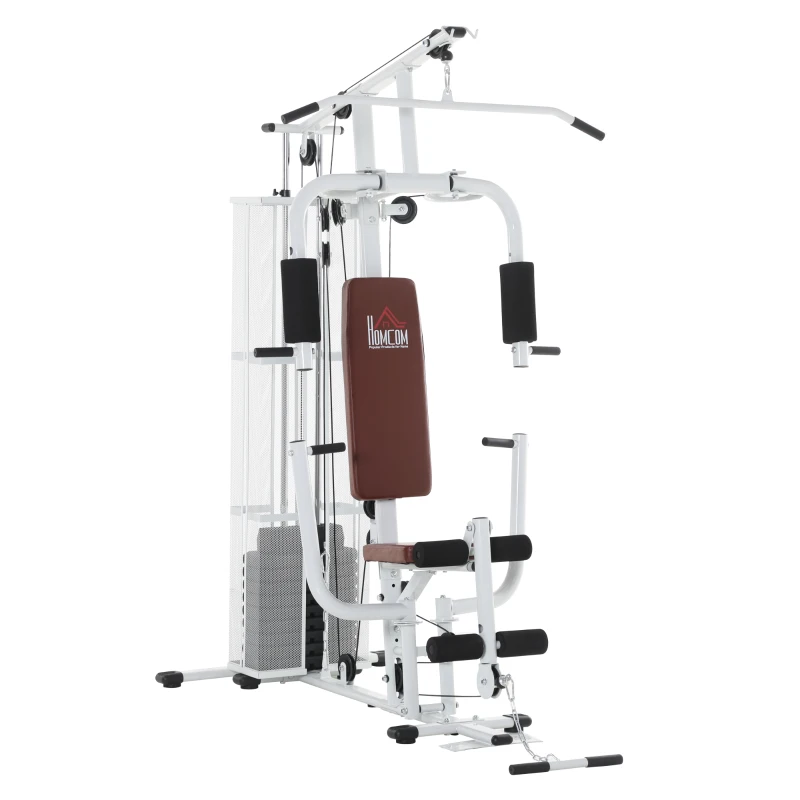 HOMCOM Kraftstation Fitnessstation Fitnessgerät Multifunktion Krafttraining Multistation Trainingsstation mit Latzug Butterflystange 45kg Gewichten Seil, Fitnessgeräte für Zuhause Weiß