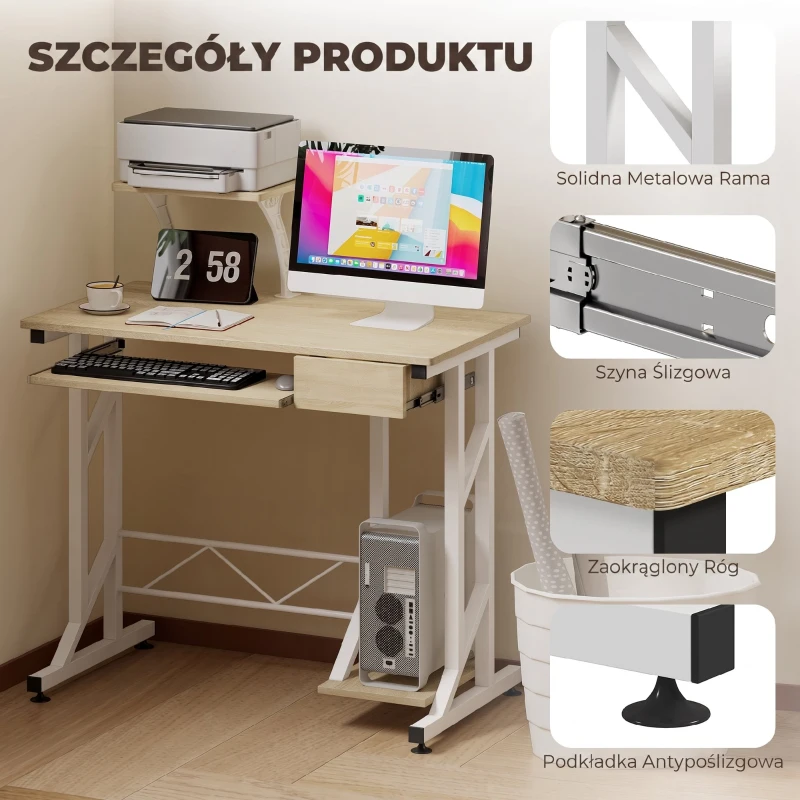 HOMCOM Secretária para Computador com Bandeja para Teclado e Gaveta Mesa de Estudo para Escritório 90x50x100 cm Carvalho