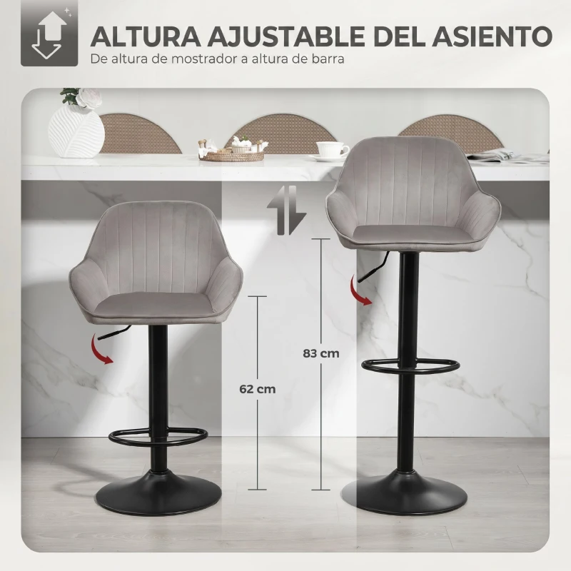 HOMCOM Juego de 2 Taburetes de Bar Giratorios Altura Ajustable 62-83 cm Tapizada en Terciopelo Respaldo y Reposapiés Gris