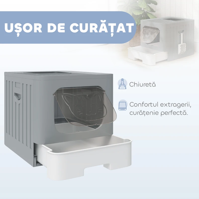 PawHut Litieră Închisă pentru Pisici, 60 L, cu Capac, Sertar Extractibil, Lopățică, Anti-scurgere, Ușor de Curățat, Gri