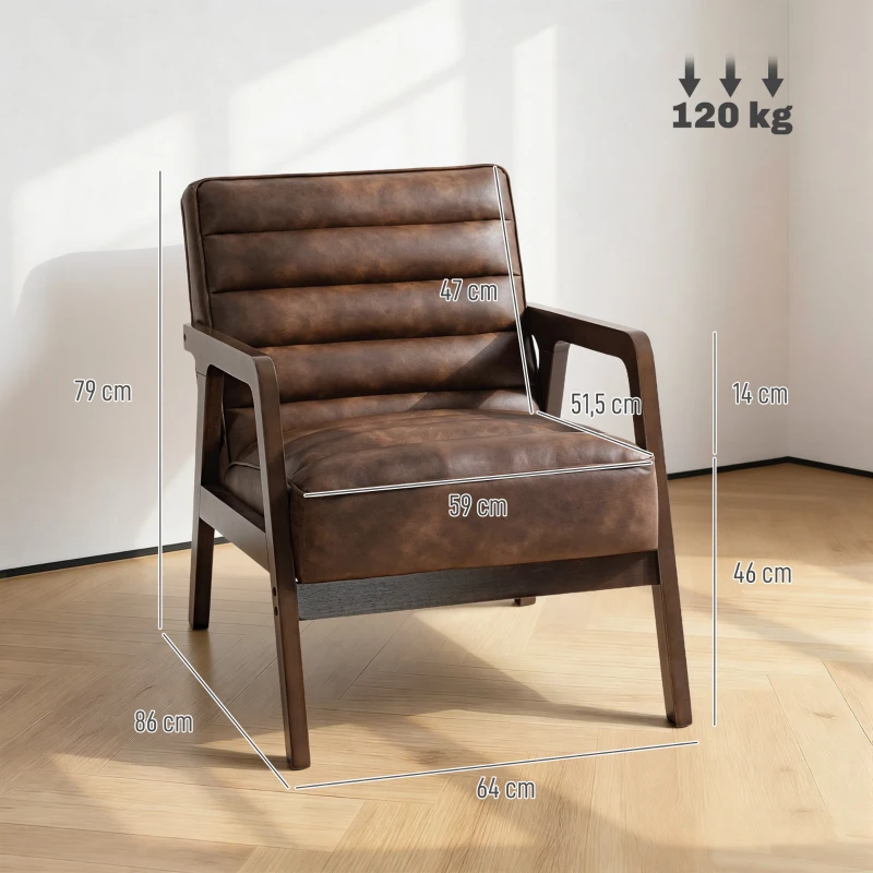 HOMCOM Fauteuil salon, fauteuil d'appoint rembourré en PU avec large assise, coussin épais et structure en bois massif, marron