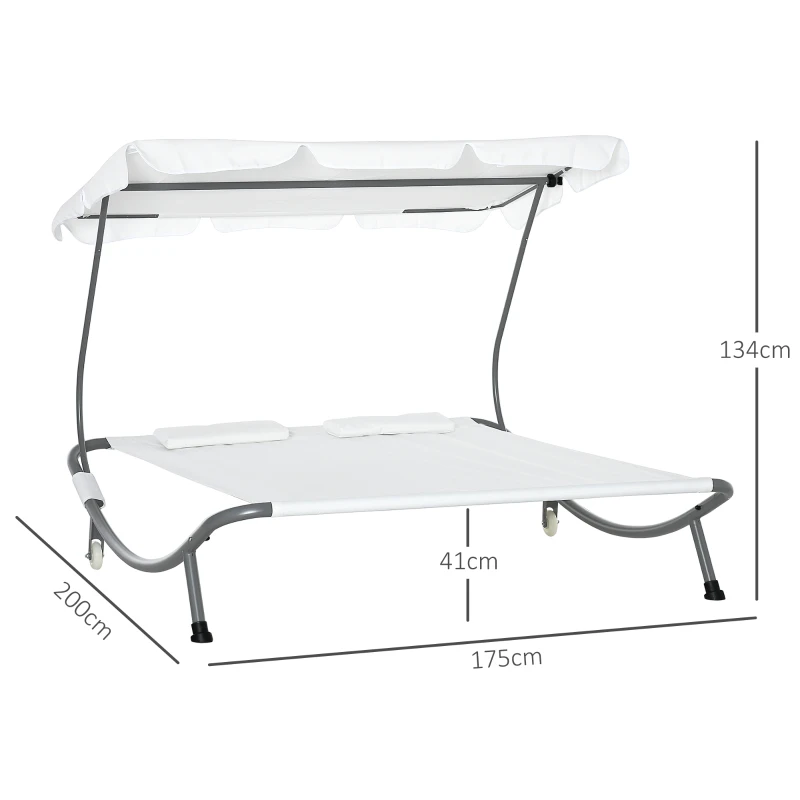Outsunny Sonnenliege rollbar Campingliege mit Kopfkissen, Dach UV-beständig und wasserabweisend Gartenliege Liegestuhl bis 220kg belastbar für Balkon, Garten, Cremeweiß