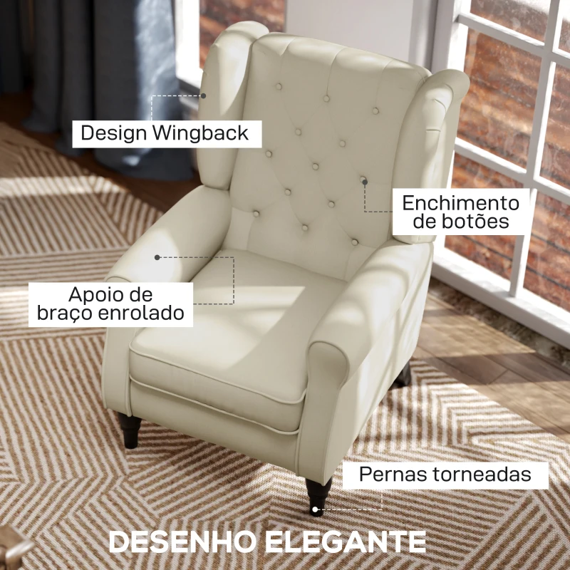 HOMCOM Poltrona de Sala de Estar Poltrona Moderna para Dormitório com Pés de Madeira Poltrona Individual 74x86x102 cm Creme