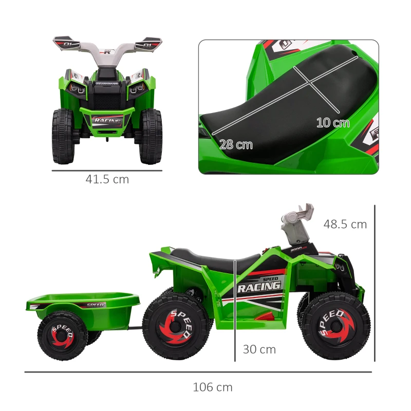 HOMCOM ATV Electric pentru Copii cu Remorcă, Pedală, Mers Înainte și Înapoi, 2,5 km/h, 18-36 Luni, Verde